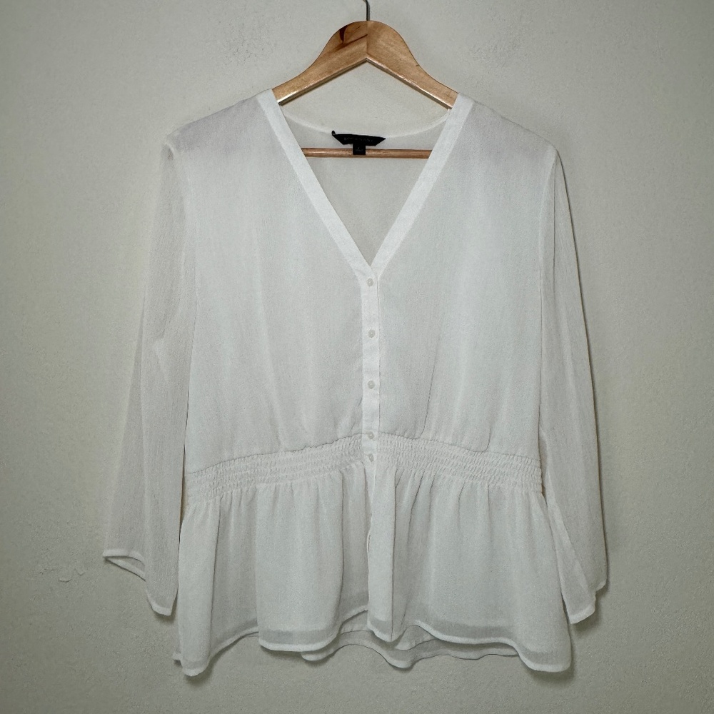 Banana Republic Women's Classic Crepe Button Up Office V-Neck Blouse White LG